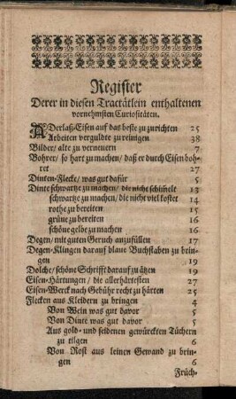 Register derer in diesen Tractätlein enthaltenen vornehmsten Curiositäten.