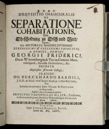 Disquisitio Inauguralis De Separatione Cohabitationis