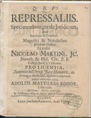 De Repressaliis. Specimen Inaugurale Juridicum