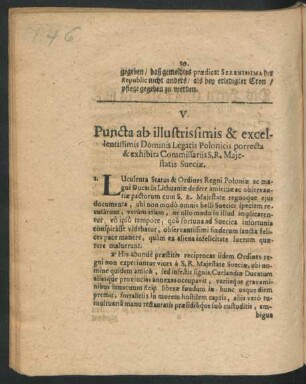 V. Puncta ab illustrissimis & excellentissimis Dominis Legatis Polonicis porrecta & exhibita Commissariis S. S. Majesatis Sveciae.