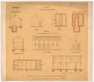 Königliches Lehrerseminar, Hilchenbach: 2. Entwurf: Appartementgebäude: Grundriss, Fundamente, Aufriss, Schnitt AB, Stall: Grundriss, Aufriss, Seitenaufriss, Schnitt AB, Schnitt CD