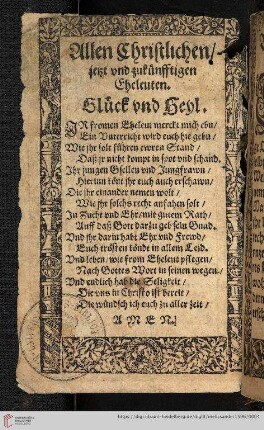 Allem Christlichen/ jetzt und zukünfftigen Eheleuten