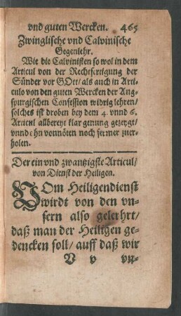 Der ein und zwantzigste Articul/ von Dienst der Heiligen