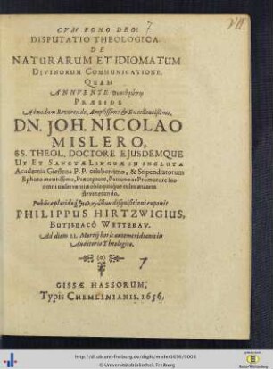 Disputatio Theologica De Naturarum et Idiomatum Divinorum Communicatione