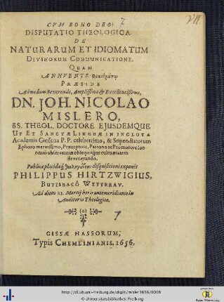 Disputatio Theologica De Naturarum et Idiomatum Divinorum Communicatione