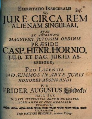 Exercitatio Inauguralis De Jure Circa Rem Alienam Singulari