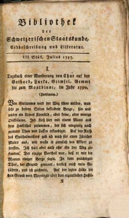 Bibliothek der schweizerischen Staatskunde, Erdbeschreibung und Litteratur. 2,7. 1797 = Juli
