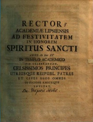 Rector Academiae Lipsiensis ad festivitatem in honorem Spiritus Sancti ... celebrandam ... invitat : [Disseritur de Constantinopoli feria III. Pentec. 1453. expugnata]