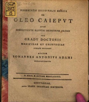 Dissertatio inauguralis medicade oleo caieput
