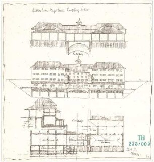 Fischer, Theodor; Kempfing; Kraftstufe - Grundriss, Ansichten, Schnitt