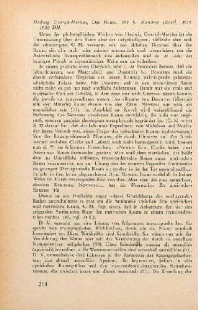 214-218 [Rezension] Conrad-Martius, Hedwig, Der Raum