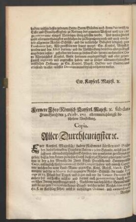Fernere Ihro Römisch Kayserl. Majest. [et]c. sub dato Franckfurth den 3. Octobr. 1713. allerunterthänigst beschehehene Vorstellung