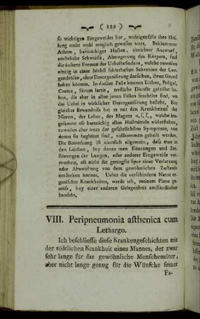 VIII. Peripneumonia asthenica cum Lethargo.