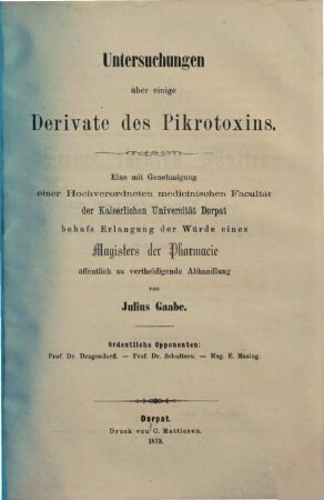 Untersuchungen über einige Derivate des Pikrotoxins : Inaug. - Dissertation