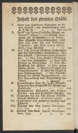 Inhalt des zweyten Stüks
