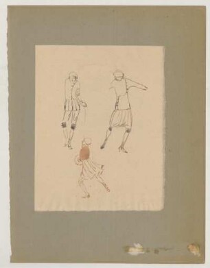 Bekleidungstudien in Bewegung : Drei weibliche Figurinen in Eislaufkleidung mit enger Hose, weiter Hose, Rock, Jacke mit diagonaler Knopfleiste, Muff, Jacke mit Schoß; Blatt montiert