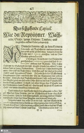 Das sechzehende Capitel. Wie du Rephühner, Wachteln, Stahr, junge Hühner, Tauben, und dergleichen auff der Gabel zerlegen solst
