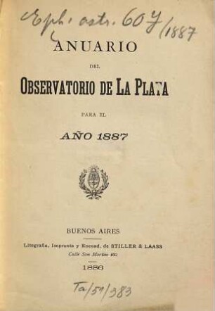 Anuario del Observatorio de La Plata. 1887 = 1 (1886)