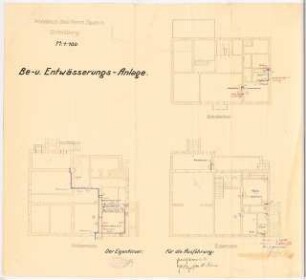 Garten des Brauereibesitzers Daum, Ortelsburg: Wohnhaus, Be- und Entwässerungsanlage: Grundrisse Kellergeschoss, Erdgeschoss und Obergeschoss 1:100 (Zeichnung des Architekten)