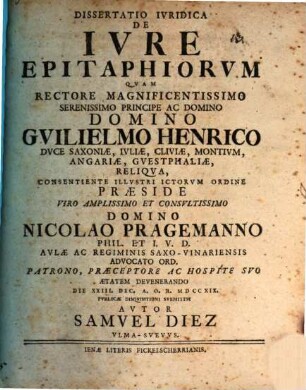 Dissertatio Ivridica De Ivre Epitaphiorvm