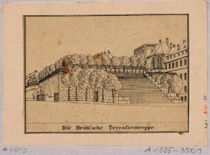 Blick auf die Treppe der Brühlschen Terrasse, mit dem Fürstenbergischen Haus (Finanzhaus) und dem Palais Brühl (um 1900 für Ständehaus abgerissen)