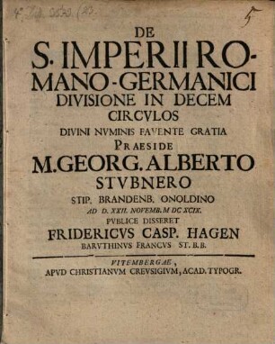 De S. Imperii Romano-Germanici Divisione In Decem Circulos