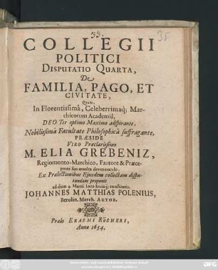 Collegii Politici Disputatio Quarta, De Familia, Pago, Et Civitate
