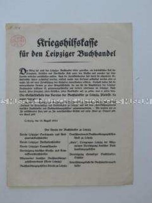 Flugblatt mit dem Aufruf zu Spenden für die Kriegshilfskasse des Leipziger Buchhandels