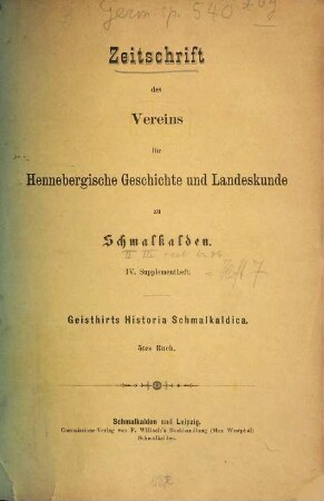 Zeitschrift des Vereins für Hennebergische Geschichte und Landeskunde zu Schmalkalden. 7. 1886