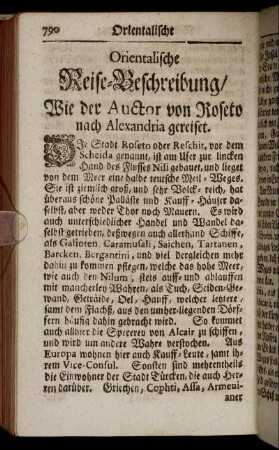 Orientalische Reise-Beschreibung/ Wie der Auctor von Roseto nach Alexandria gereiset.