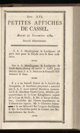 No XVI (Mardi 21 Decembre 1784)
