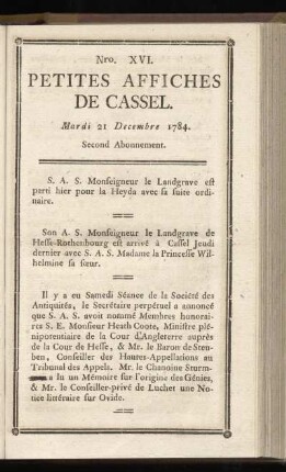 No XVI (Mardi 21 Decembre 1784)