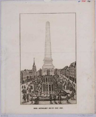 Illuminierter Obelisk und Brunnen auf dem Altmarkt in Dresden zur Vermählung von Maria Amalia von Sachsen (1724-1760) mit König Karl IV. von Neapel und Sizilien (1716-1788) am 8. Mai 1738, aus den Abbildungen zur Chronik Dresdens 1835