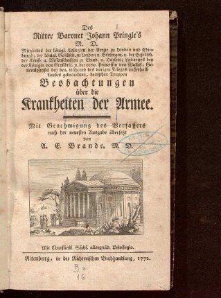 Des Ritter Baronet Johann Pringle's ... Beobachtungen über die Krankheiten der Armee