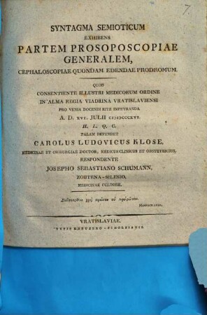 Syntagma semioticum exhibens partem prosoposcopiae generalem, cephaloscopiae quondam edendae prodromum