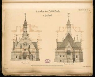 Friedhofskapelle, Greifswald Monatskonkurrenz Oktober 1883: Aufriss Eingangsseite, Choransicht; Maßstabsleiste