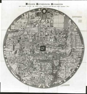 Manialium Ebstorfensium Mappa mundi (Ebstorfkarte): Weltkarte : Manialium Ebstorfensium Mappa mundi (Ebstorfkarte): Weltkarte um 1235 von Conradus Miller (Original = Kriegsverlust). Farbdruck, Eckstein & Stäble ; Durchmesser 101 cm, Stuttgart, 1895/1898