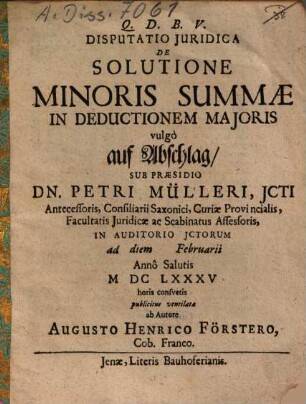 Disputatio Iuridica De Solutione Minoris Summae In Deductionem Maioris vulgo auf Abschlag