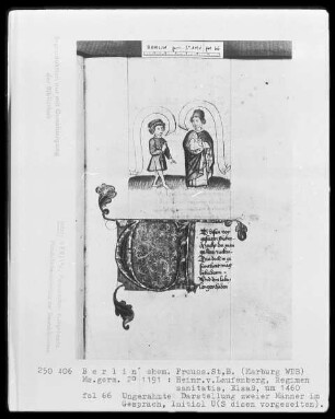 Heinrich von Laufenberg, Regimen sanitatis, deutsch — Zwei Männer im Gespräch, Folio 66recto