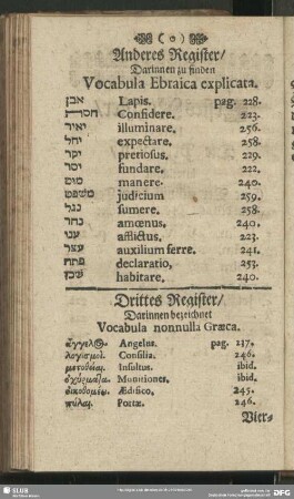 Anderes Register, Darinnen zu finden Vocabula Ebraica explicata