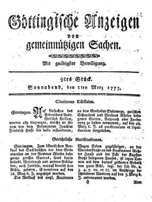 9tes Stück. Sonnabend, den 1ten Merz 1777.