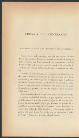 Crónica del centenario : Monumento al Deán Doctor Don Gregorio Funes, en Córdoba