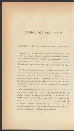 Crónica del centenario : Monumento al Deán Doctor Don Gregorio Funes, en Córdoba
