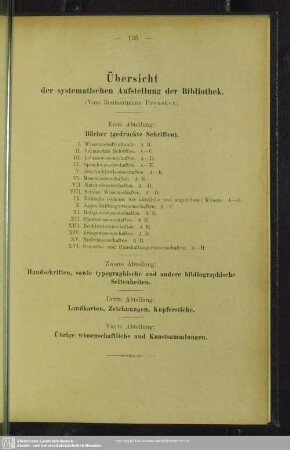 Übersicht der systematischen Aufstellung der Bibliothek