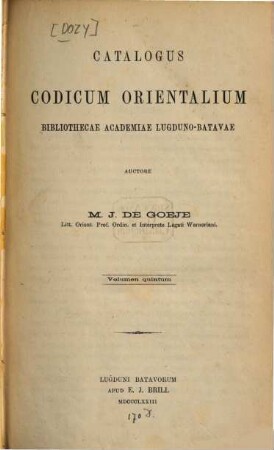 Catalogus codicum orientalium Bibliothecae Academiae Lugduno-Batavae. 5