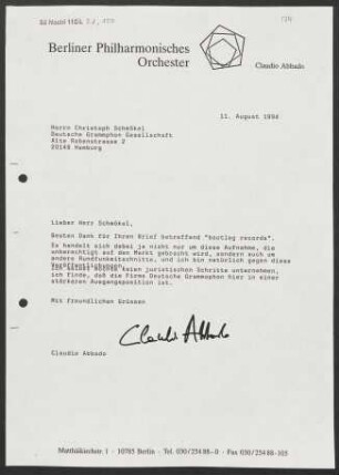 Brief an Christoph Schmökel an Deutsche Grammophon-Gesellschaft, 11.08.1994