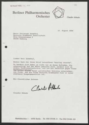 Brief an Christoph Schmökel an Deutsche Grammophon-Gesellschaft, 11.08.1994