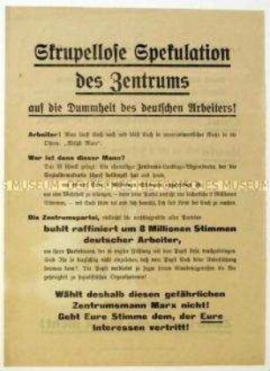 Flugblatt gegen die Wahl von Wilhelm Marx zum Reichspräsidenten 1925