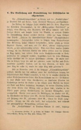 V. Die Entstehung und Entwickelung der Hilfsschulen im allgemeinen