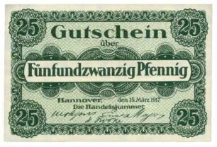 Notgeldschein: Handelskammer Hannover, 25 Pfennig